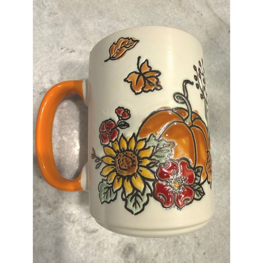 Eli + Ana Fall Pumpkin Sunflower Ceramic Mug Orange White Handpainted 75086